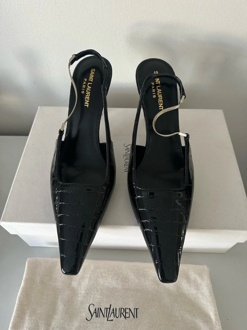 SAINT LAURENT Black Leather Aston Slingback Pumps 75 39 - Picture 2 of 9